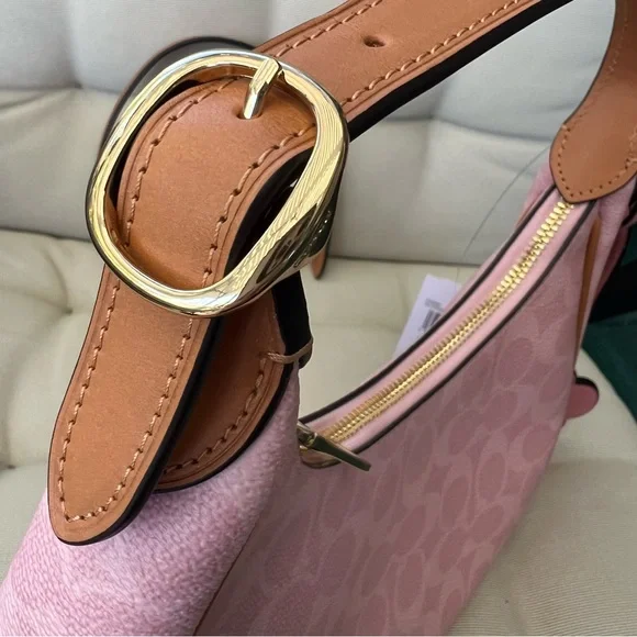 NWT Coach Pink Signature Canvas Hobo Shoulder Bag CDW86 with Flower - Picture 10 of 12